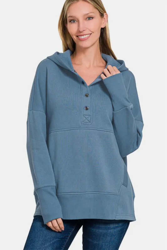 Zenana Half Snap Long Sleeve Hoodie with Kangaroo Pocket sold by Charming Charlie
