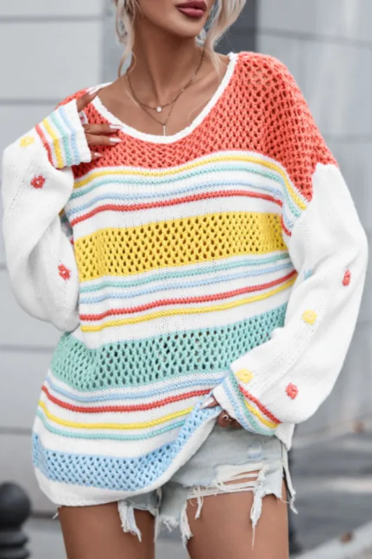 Hollow Striped Color Block Round Neck Sweater sold by Charming Charlie
