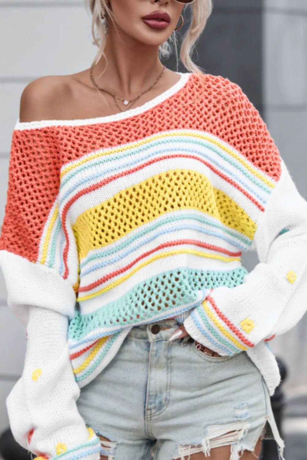 Hollow Striped Color Block Round Neck Sweater sold by Charming Charlie product image thumbnail 2