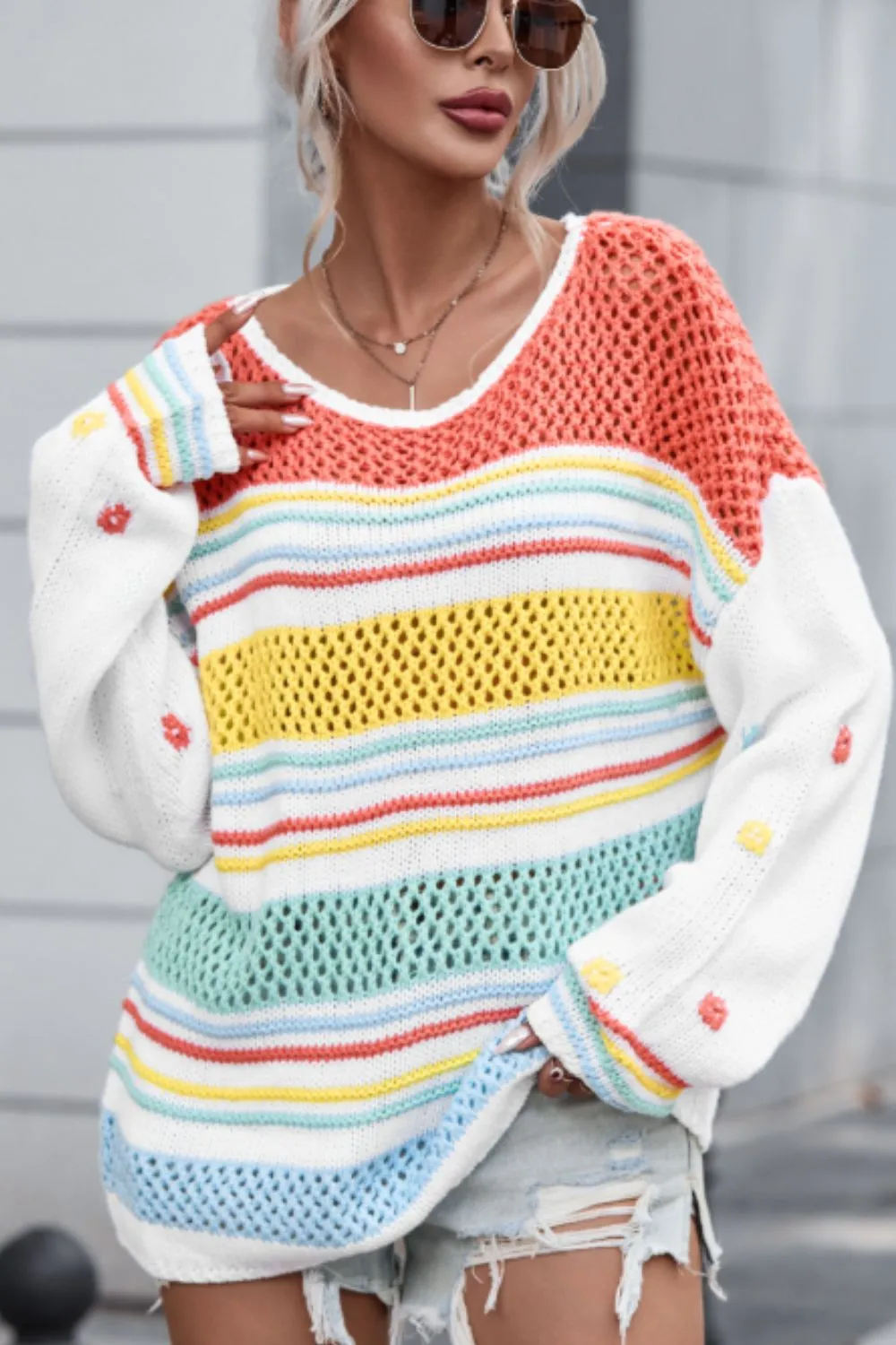 Hollow Striped Color Block Round Neck Sweater sold by Charming Charlie product image thumbnail 3