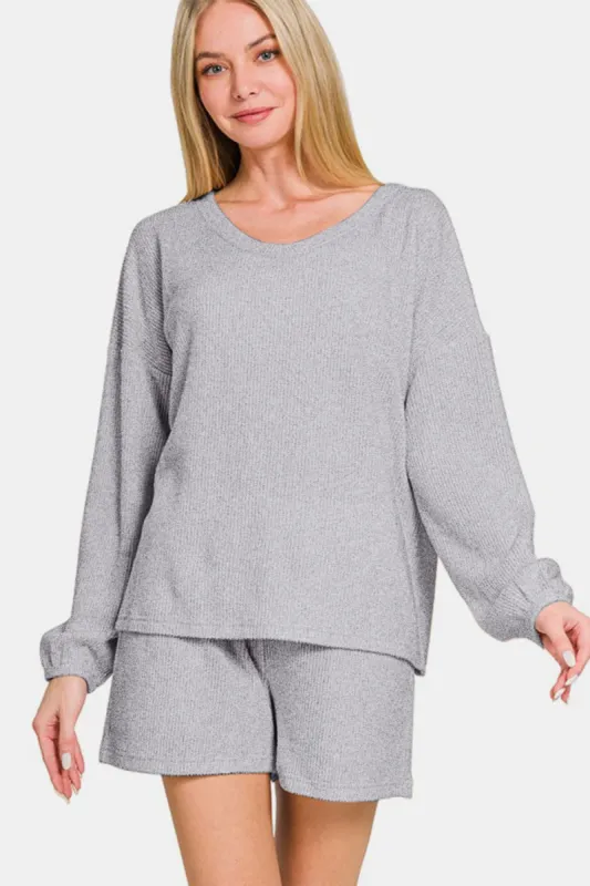 Zenana V-Neck Long Sleeve Ribbed Top and Shorts Set sold by Charming Charlie