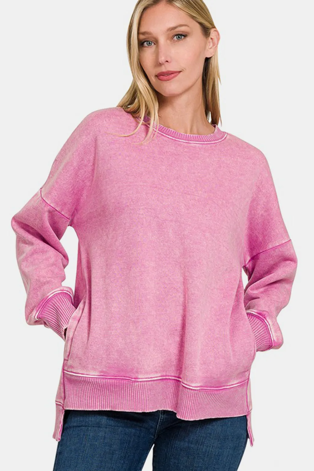 Zenana High-Low Acid Wash Fleece Sweatshirt sold by Charming Charlie product image thumbnail 3
