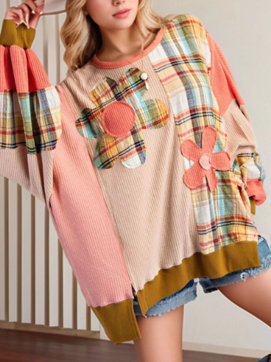Slit Plaid Round Neck Long Sleeve Sweatshirt sold by Charming Charlie
