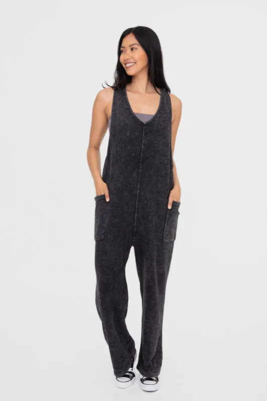 Mono B Mineral-Washed V Neck Overalls with Pockets sold by Charming Charlie