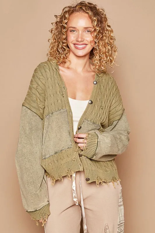 POL Distressed Hem Button Up Hooded Cardigan sold by Charming Charlie