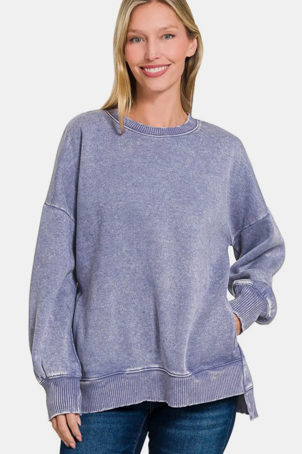 Zenana High-Low Acid Wash Fleece Sweatshirt sold by Charming Charlie product image thumbnail 3