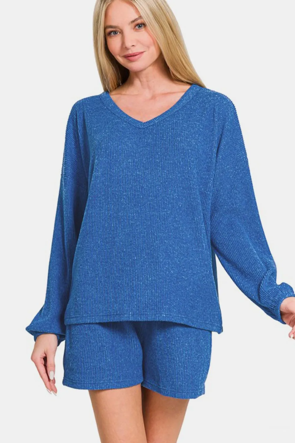 Zenana V-Neck Long Sleeve Ribbed Top and Shorts Set sold by Charming Charlie