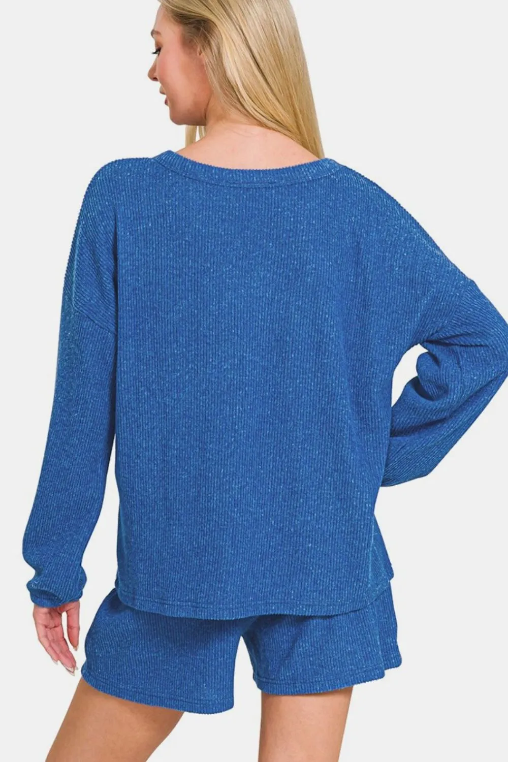 Zenana V-Neck Long Sleeve Ribbed Top and Shorts Set sold by Charming Charlie product image thumbnail 2