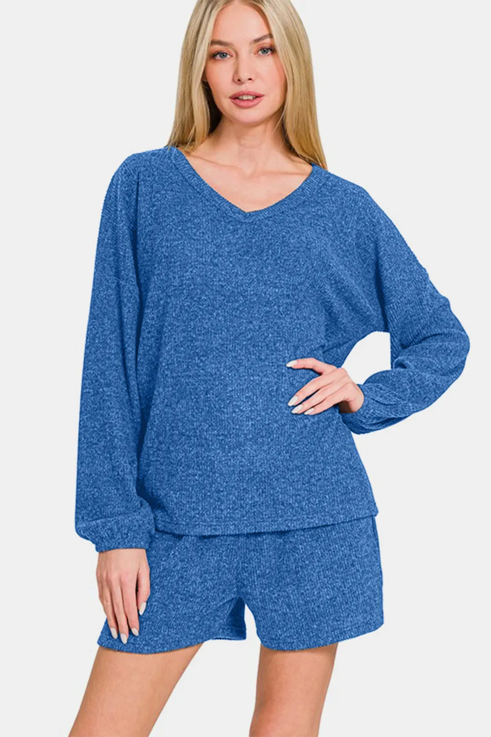 Zenana V-Neck Long Sleeve Ribbed Top and Shorts Set sold by Charming Charlie product image thumbnail 3