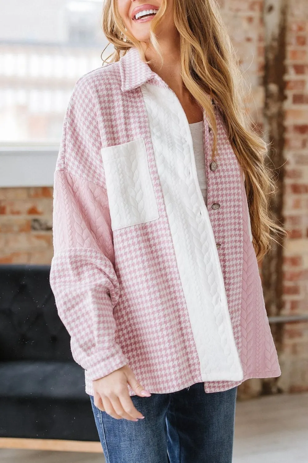 Color Block Houndstooth Collared Neck Shacket sold by Charming Charlie product image thumbnail 2