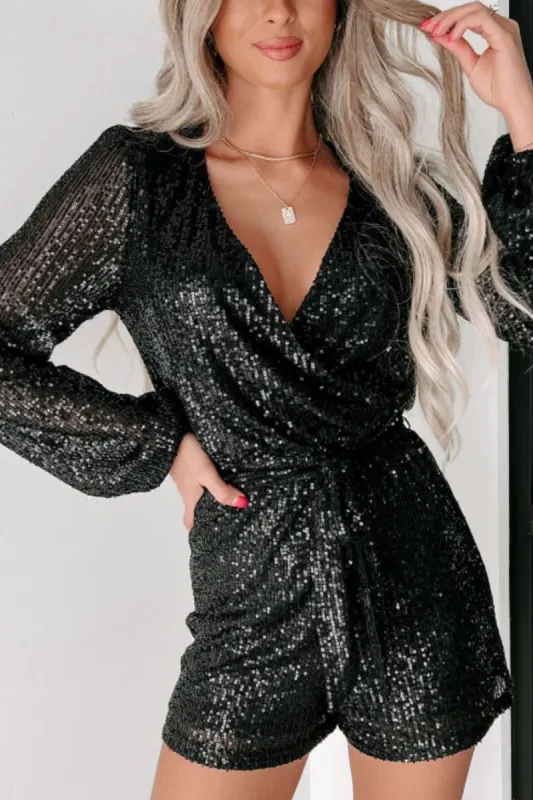 Sequin Surplice Long Sleeve Romper sold by Charming Charlie