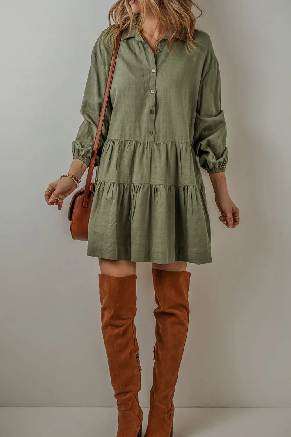 Tiered Collared Neck Balloon Sleeve Shirt Dress sold by Charming Charlie