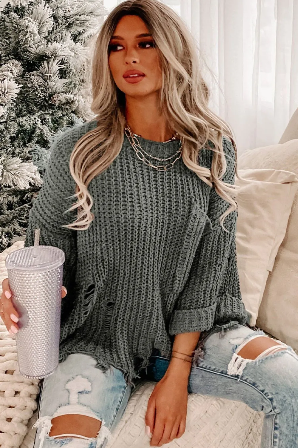 Distressed Round Neck Drop Shoulder Sweater sold by Charming Charlie product image thumbnail 3