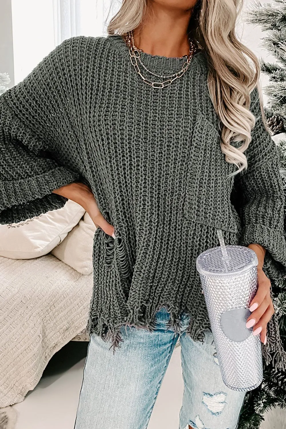 Distressed Round Neck Drop Shoulder Sweater sold by Charming Charlie product image thumbnail 2