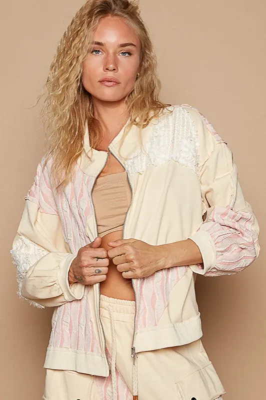 POL Applique Patchwork Zip Up Jacket sold by Charming Charlie