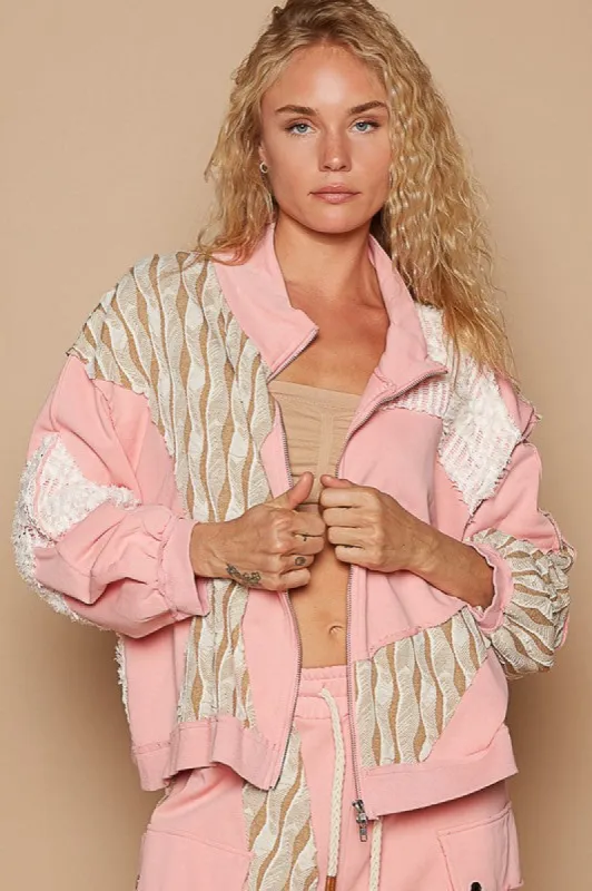 POL Applique Patchwork Zip Up Jacket sold by Charming Charlie