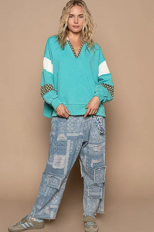 POL Exposed Seam Floral Patchwork French Terry Hoodie sold by Charming Charlie product image thumbnail 5