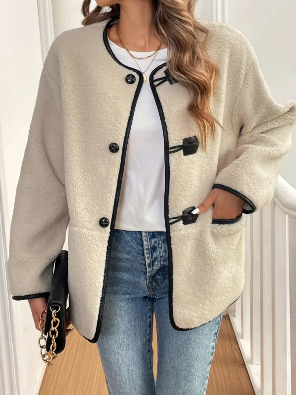 Contrast Trim Drop Shoulder Plush Coat sold by Charming Charlie