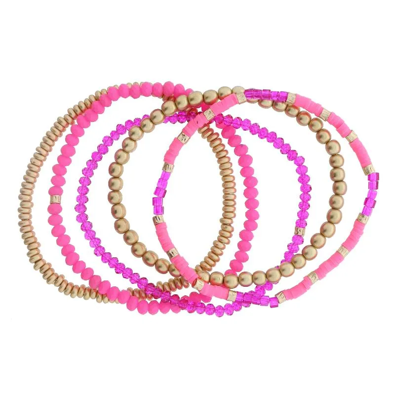 Set of 5 Coordinating Hot Pink, Pink, Gold Beaded Bracelets, 8" Around sold by Charming Charlie