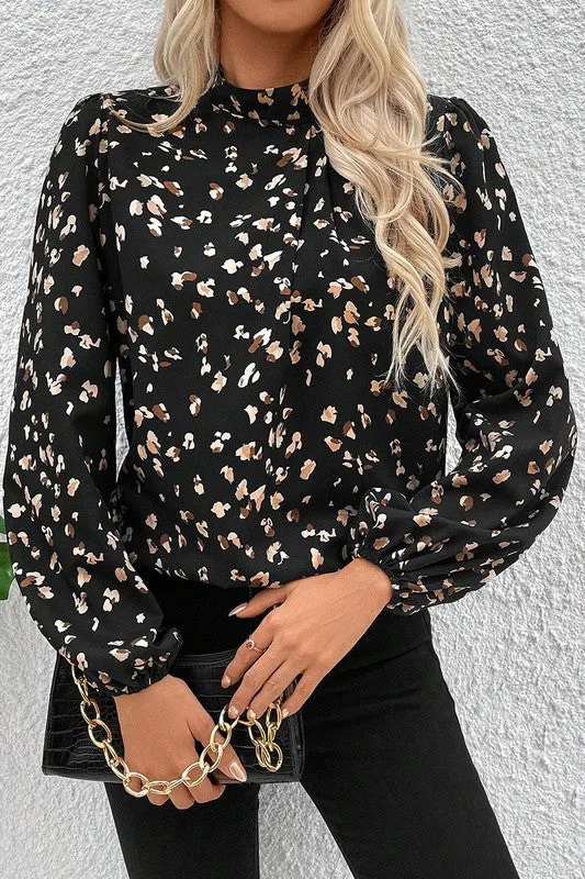 Leopard Print Puff Sleeve Mock Neck Pleated Blouse sold by Charming Charlie product image thumbnail 2