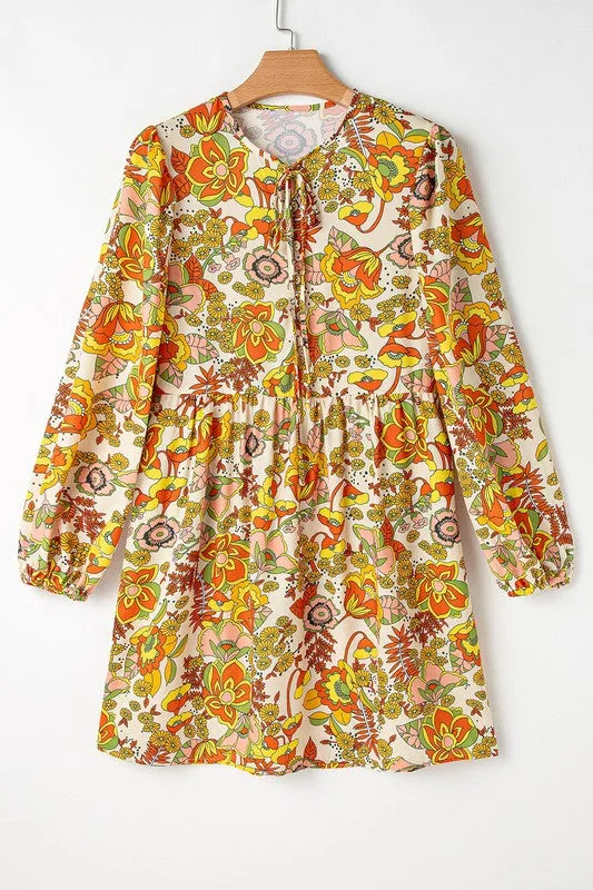 Cream Floral Tie V Neck Long Sleeve Mini Dress sold by Charming Charlie product image thumbnail 5