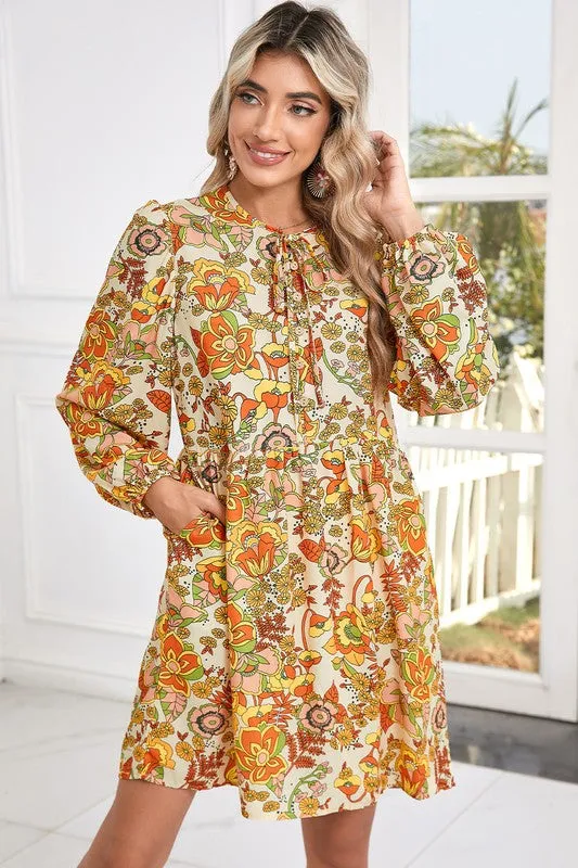 Cream Floral Tie V Neck Long Sleeve Mini Dress sold by Charming Charlie product image thumbnail 2