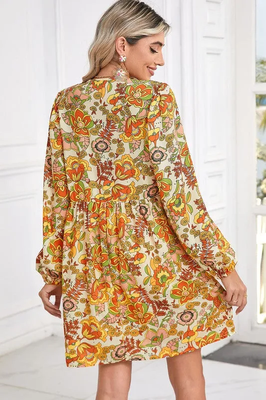 Cream Floral Tie V Neck Long Sleeve Mini Dress sold by Charming Charlie product image thumbnail 4