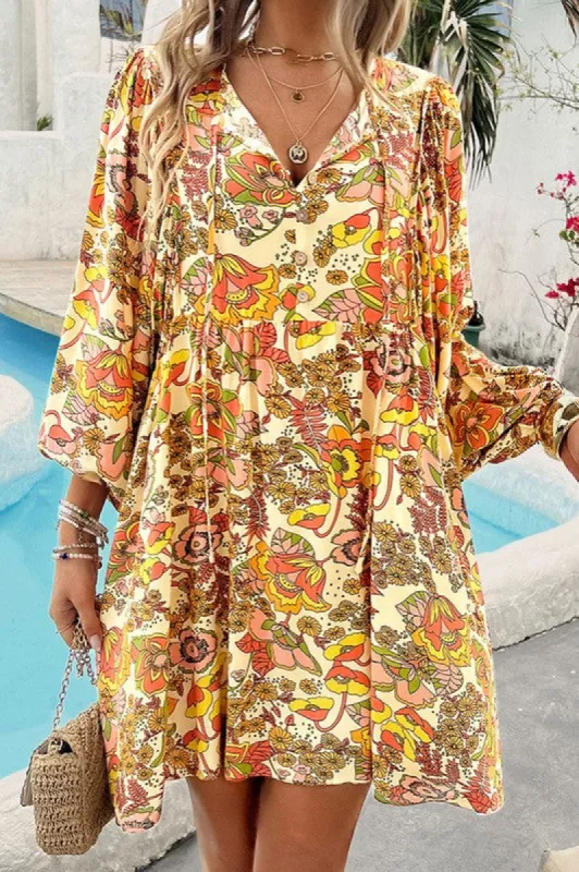 Cream Floral Print Tie Long Sleeve Mini Dress sold by Charming Charlie