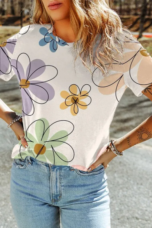 Summer Flower Print Casual Round Neck T Shirt sold by Charming Charlie