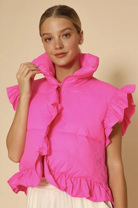 Cropped ruffle puffer vest sold by Charming Charlie