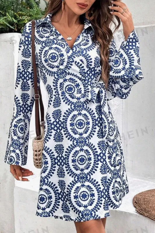 Women V Neck Wrapped Knot Long Sleeve Dress sold by Charming Charlie