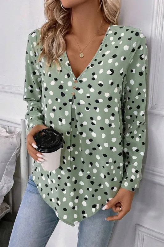 Dotted Print Button Front V Neck Blouse sold by Charming Charlie