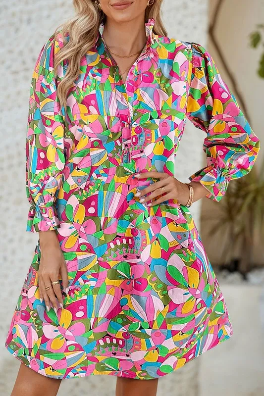 Abstract Lantern Sleeve Buttoned Mini Dress sold by Charming Charlie product image thumbnail 2