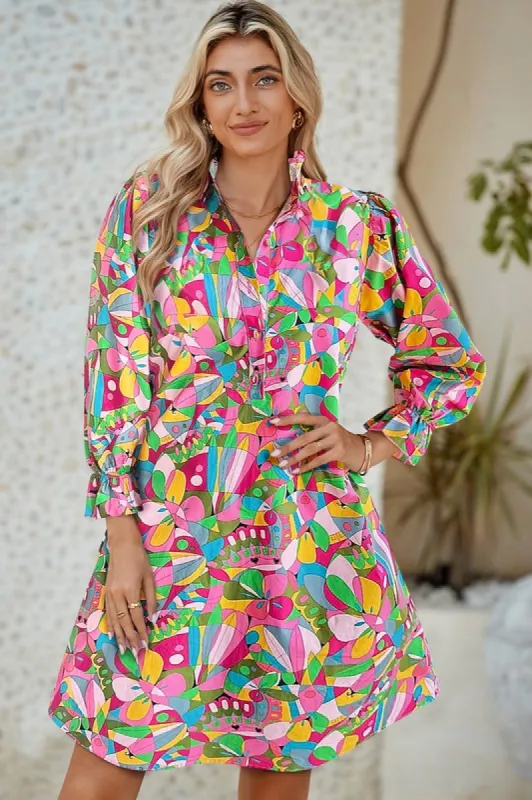 Abstract Lantern Sleeve Buttoned Mini Dress sold by Charming Charlie