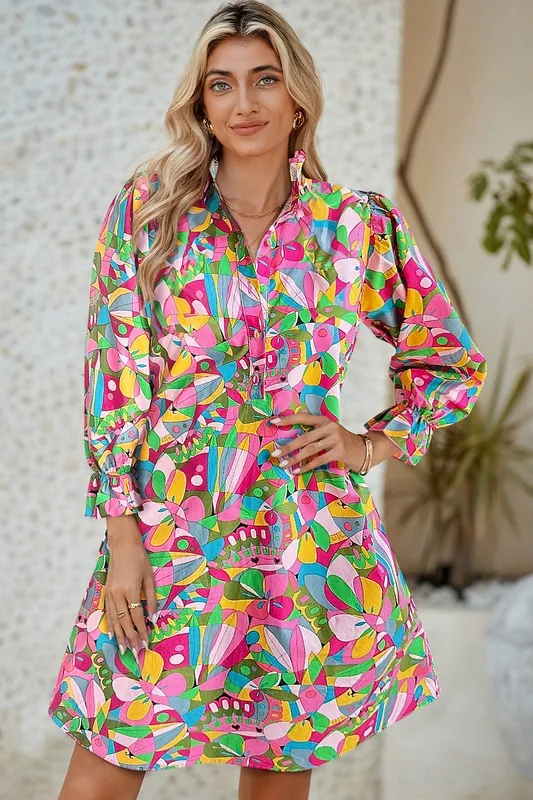 Abstract Lantern Sleeve Buttoned Mini Dress sold by Charming Charlie