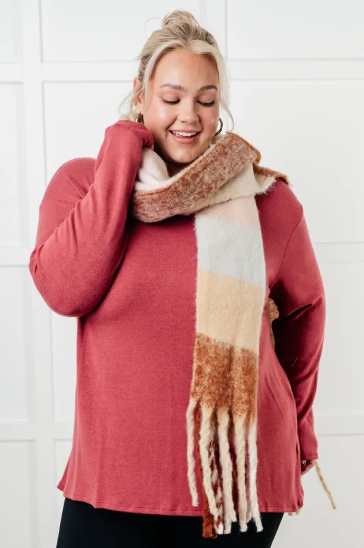 Wanderlust Wrap Oversized Plaid Fringe Scarf in Light Brown sold by Charming Charlie