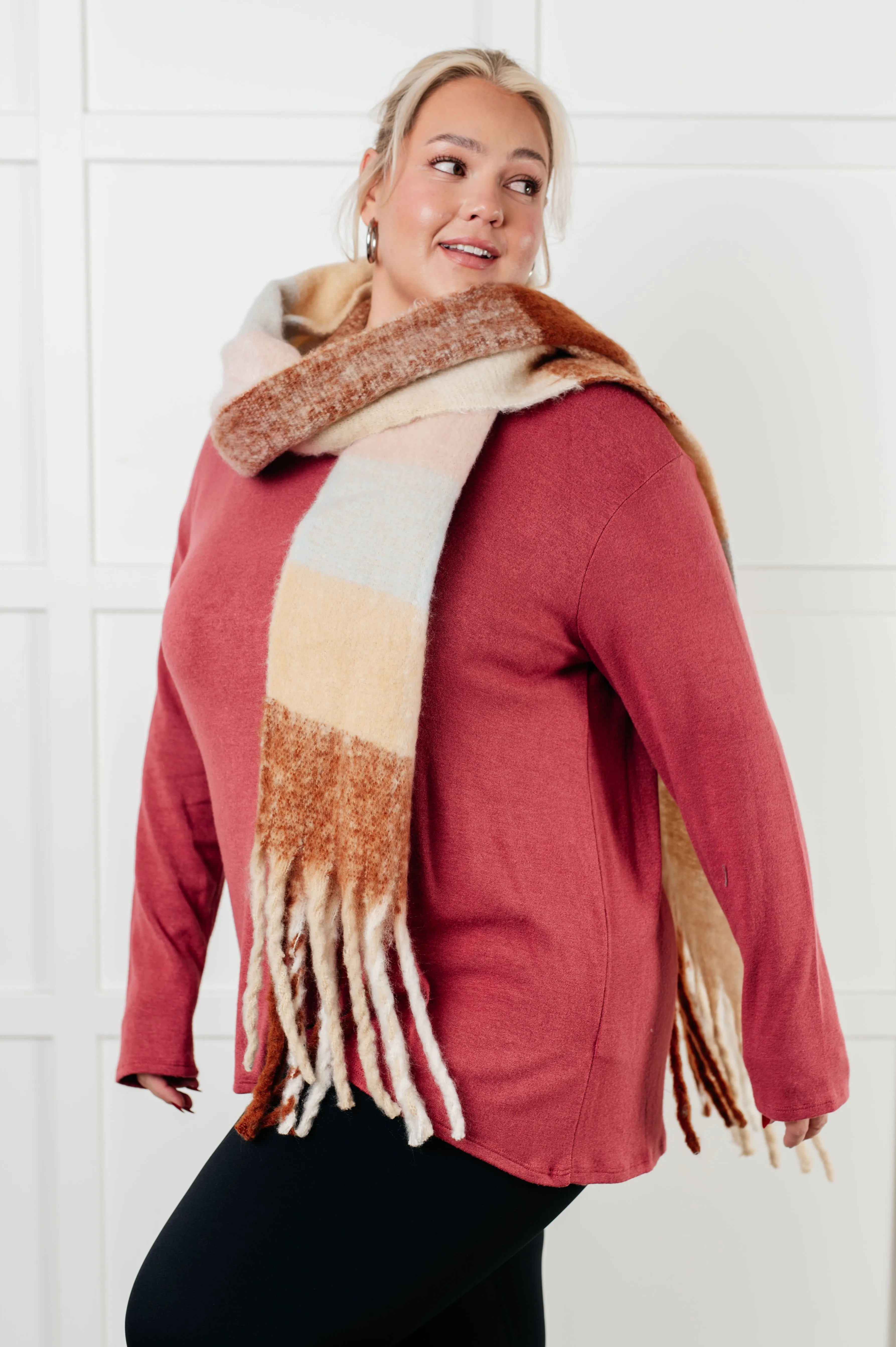 Wanderlust Wrap Oversized Plaid Fringe Scarf in Light Brown sold by Charming Charlie product image thumbnail 4