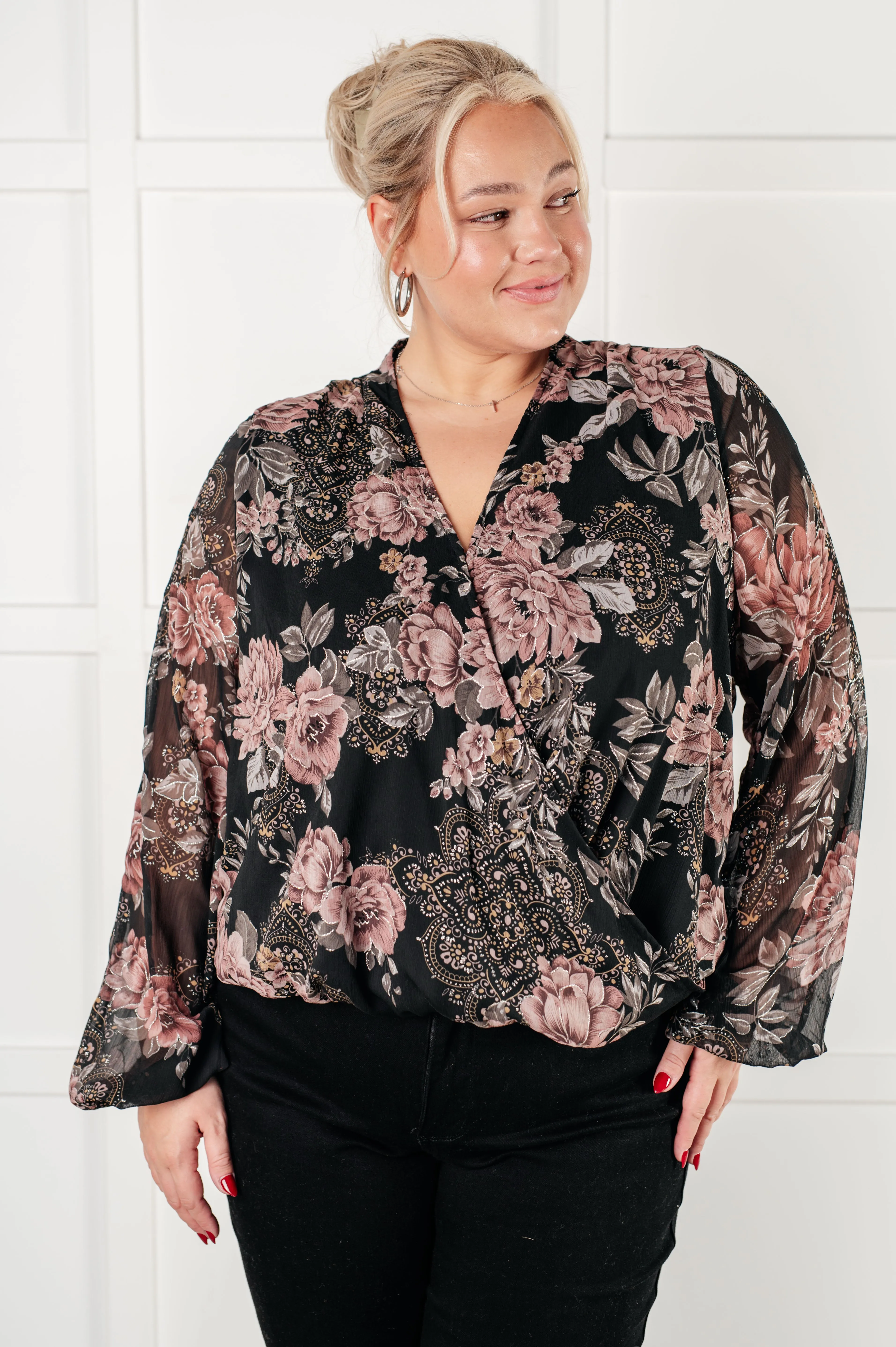 I Wish We Had it All Surplice Floral Blouse sold by Charming Charlie