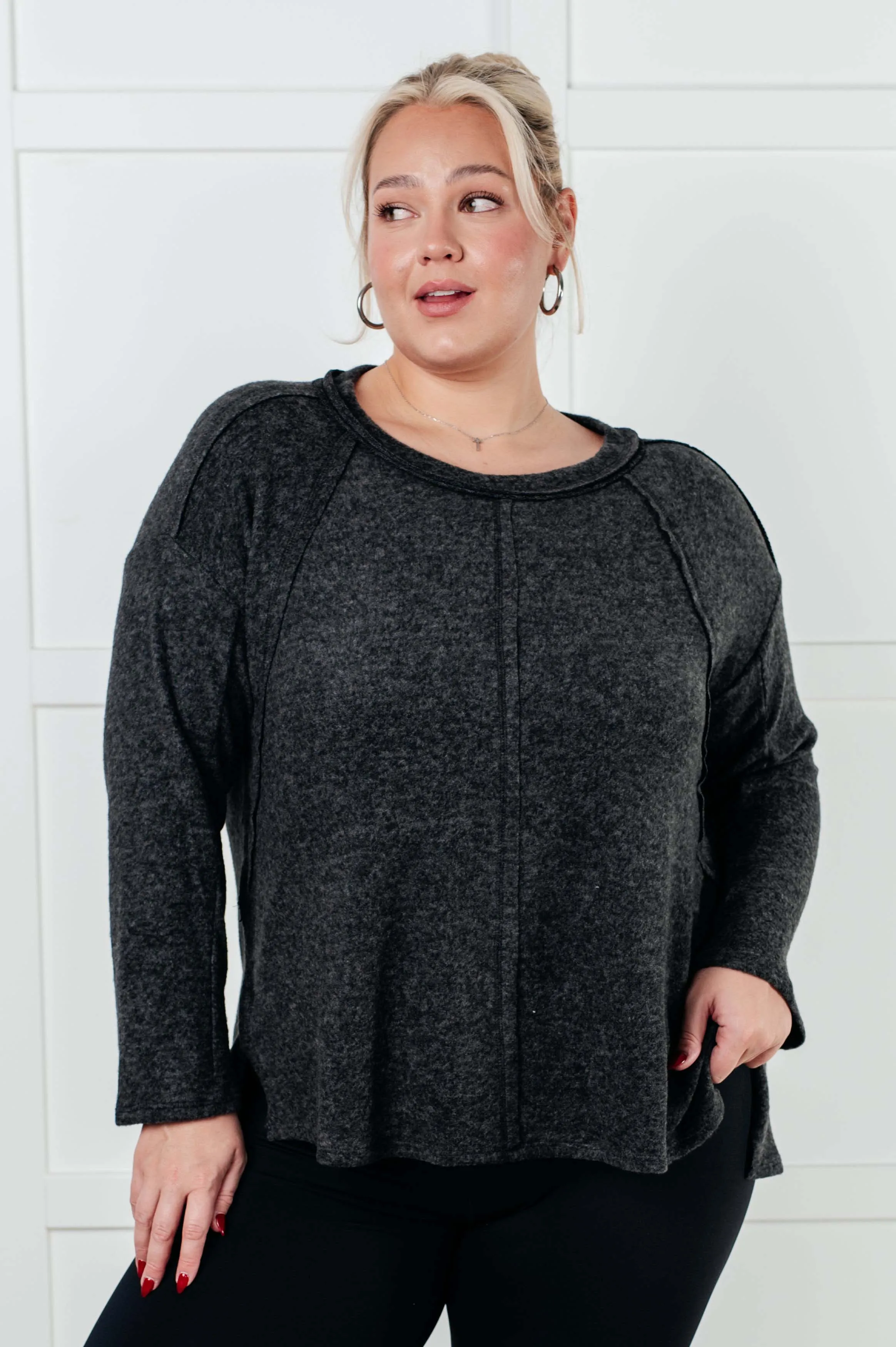 Simple Silhouette Brushed Hacci Sweater in Black sold by Charming Charlie