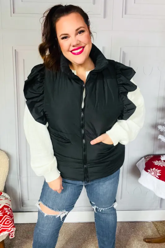 Feeling Festive Black Zipper Up Quilted Ruffle Sleeve Puffer Vest sold by Charming Charlie