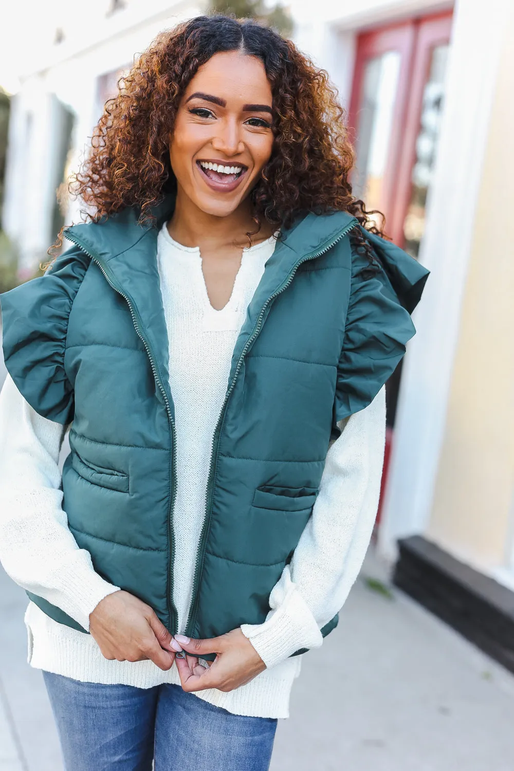 Feeling Festive Hunter Green Zipper Up Quilted Ruffle Sleeve Puffer Vest sold by Charming Charlie product image thumbnail 2