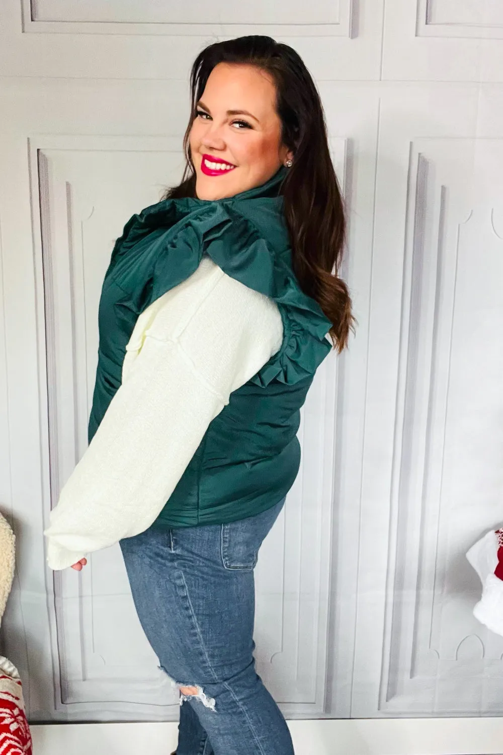 Feeling Festive Hunter Green Zipper Up Quilted Ruffle Sleeve Puffer Vest sold by Charming Charlie product image thumbnail 5