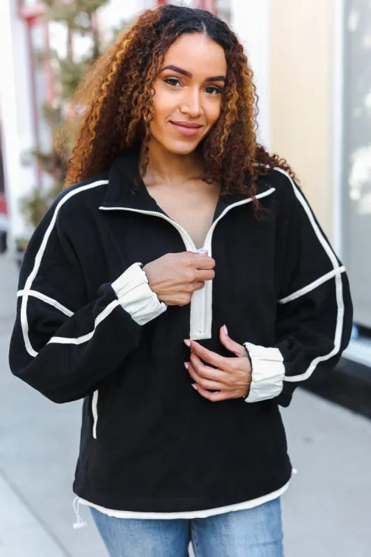 Catch Glances Black Cinched Waist Half Zip Up Fleece Jacket made by entro