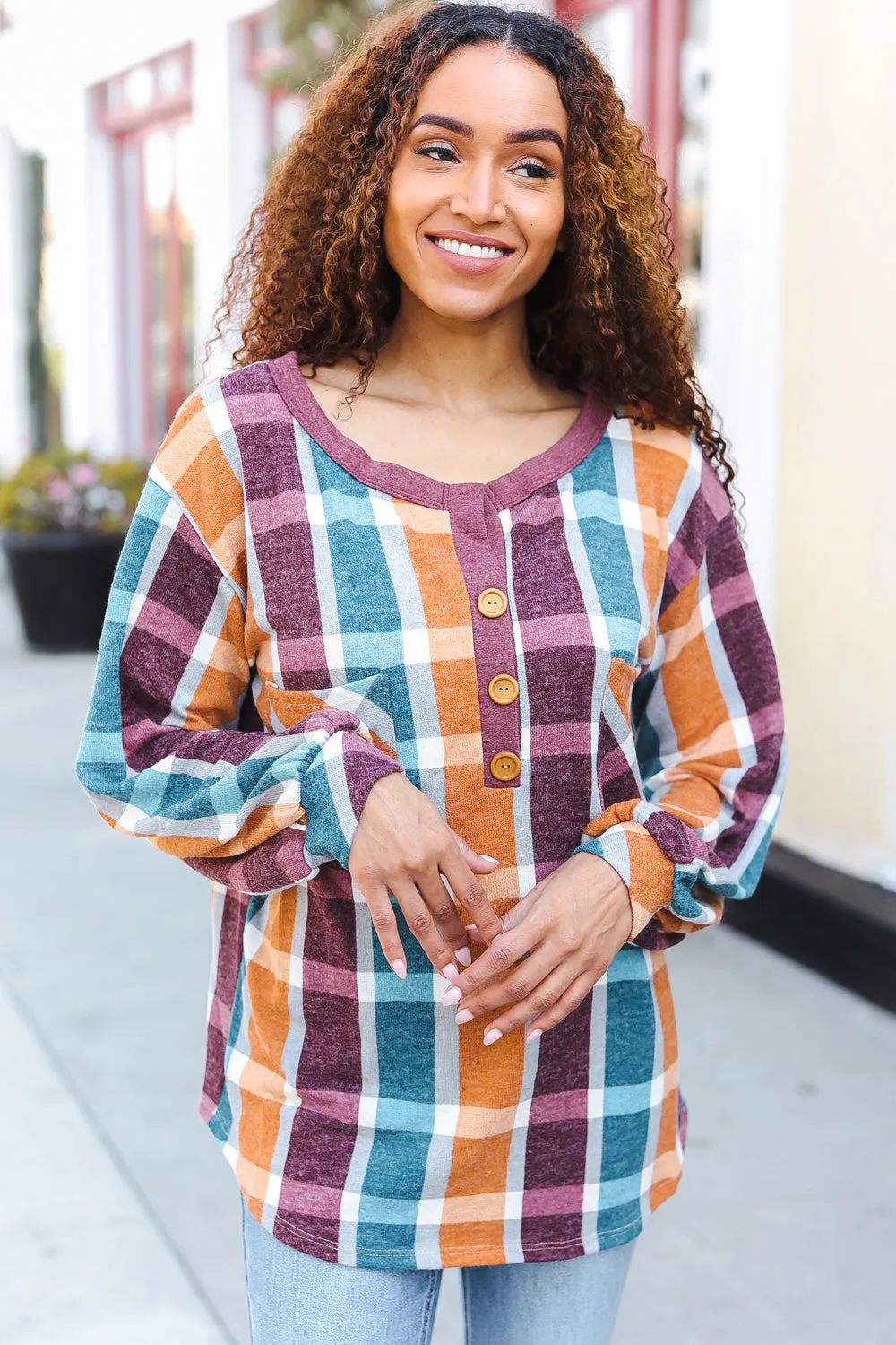 Adorable In Plaid French Terry Henley Pocket Top sold by Charming Charlie product image thumbnail 5