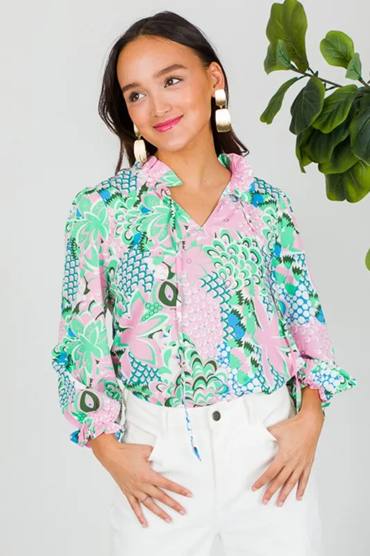 Green Floral Print V Neck Tied Loose Blouse sold by Charming Charlie product image thumbnail 4