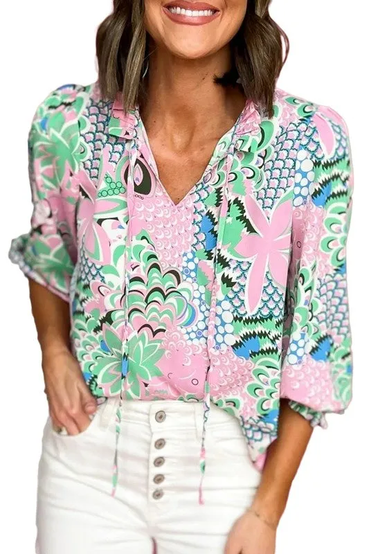 Green Floral Print V Neck Tied Loose Blouse sold by Charming Charlie product image thumbnail 3