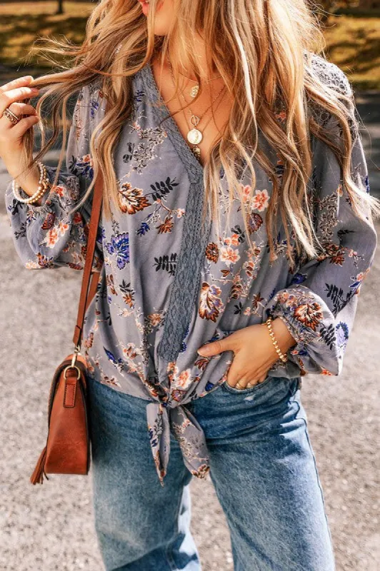 Floral Lace Patchwork Knot Front V Neck Blouse sold by Charming Charlie