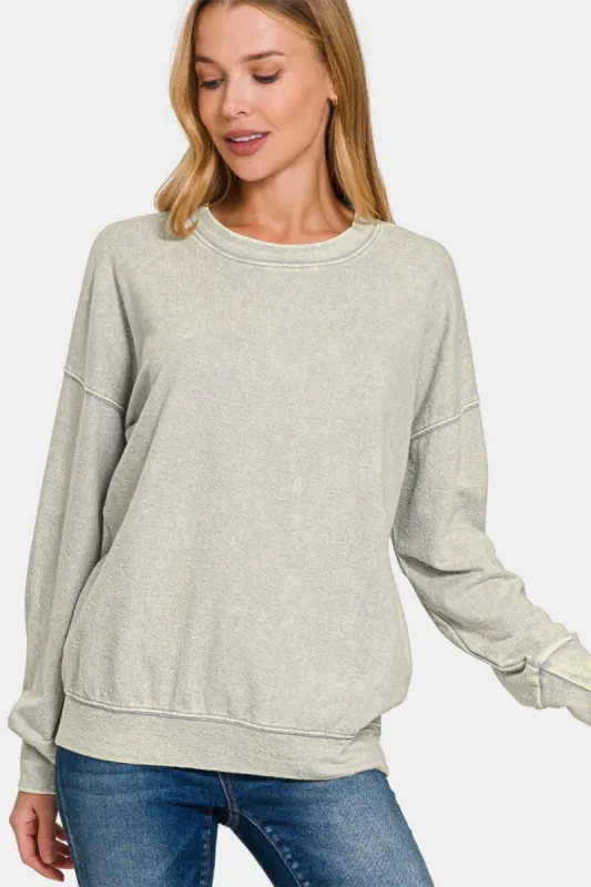 Zenana Washed Round Neck Dropped Shoulder Sweatshirt sold by Charming Charlie
