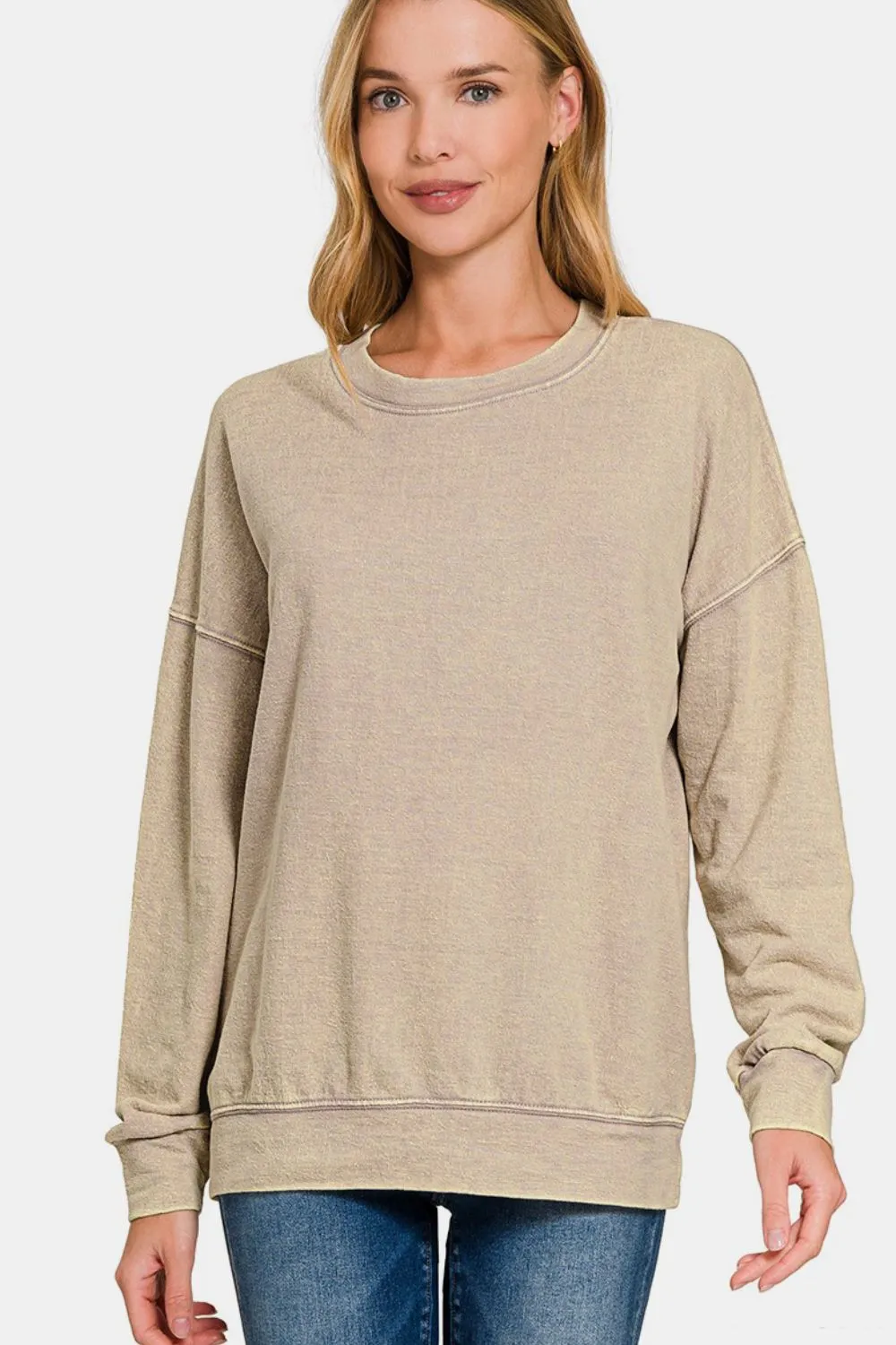 Zenana Washed Round Neck Dropped Shoulder Sweatshirt sold by Charming Charlie