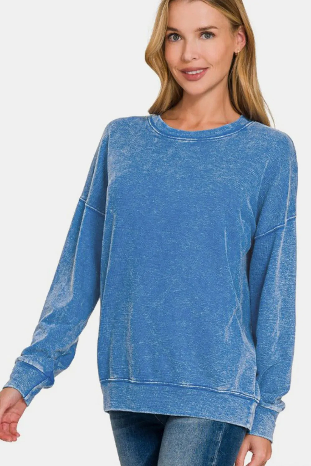 Zenana Washed Round Neck Dropped Shoulder Sweatshirt sold by Charming Charlie
